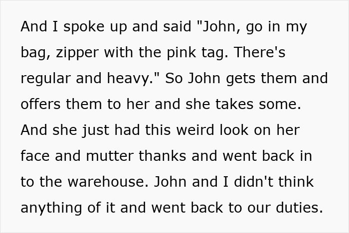 Text excerpt showing coworkers discussing an incident where a woman reported a man to HR at the workplace.