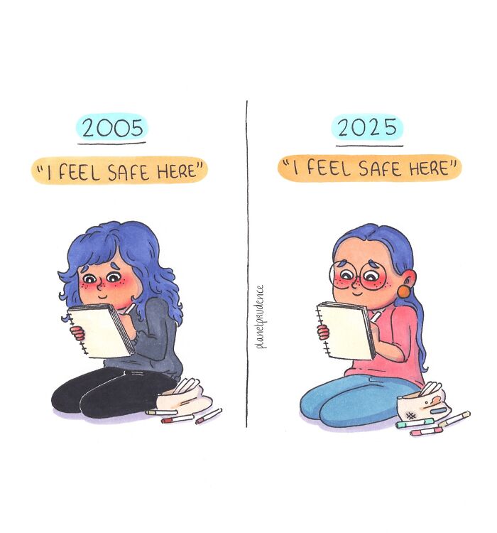 Illustration by Planet Prudence showing a woman feeling safe while drawing in 2005 and 2025, highlighting comic life moments.