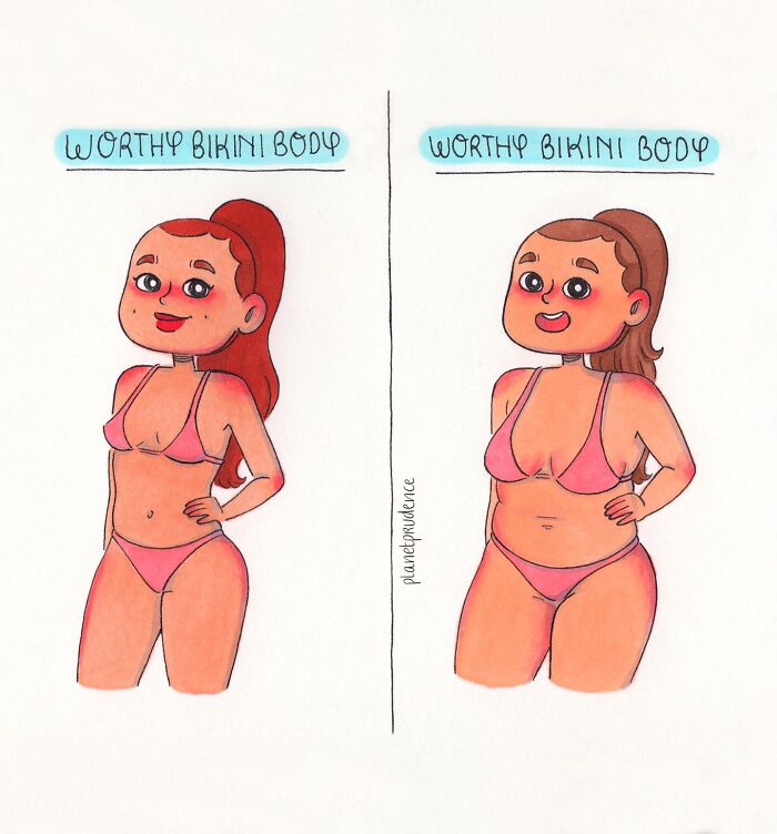 Two comics by Planet Prudence showing diverse women in pink bikinis with captions about worthy bikini body.