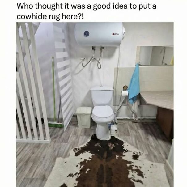Bathroom with a toilet and a cowhide rug placed awkwardly in front, illustrating relatable memes that hit way too close to home.