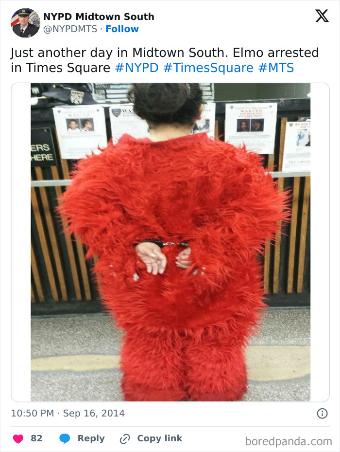 Person in a red furry costume handcuffed in a police station, showcasing humorous police social media accounts.