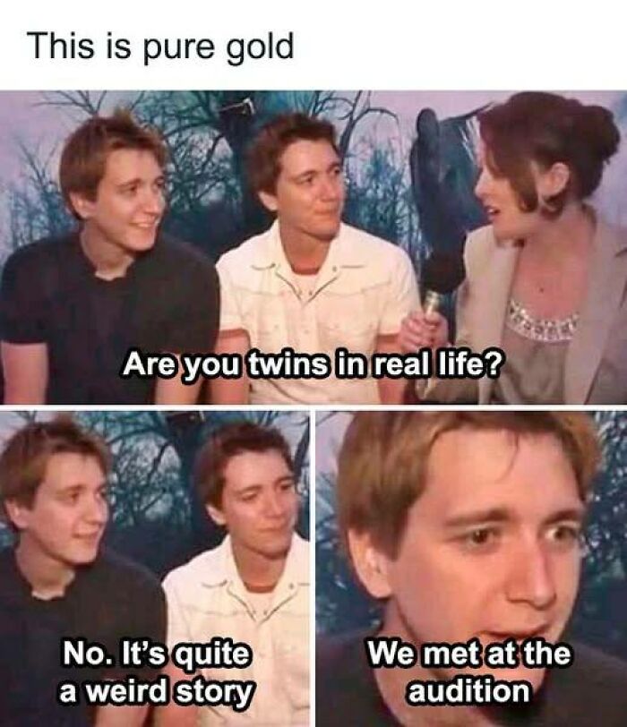 Two young men in an interview setting, sharing a dark humor meme about meeting at an audition, with captions.