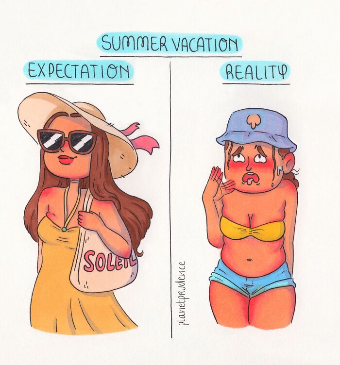 Illustration from Planet Prudence comics showing summer vacation expectation versus reality of being a woman in a humorous way.