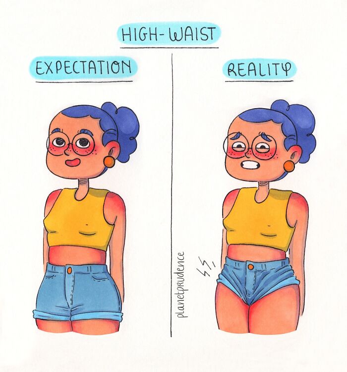 Cartoon showing high-waist shorts expectation versus reality, illustrating relatable comics about being a woman.