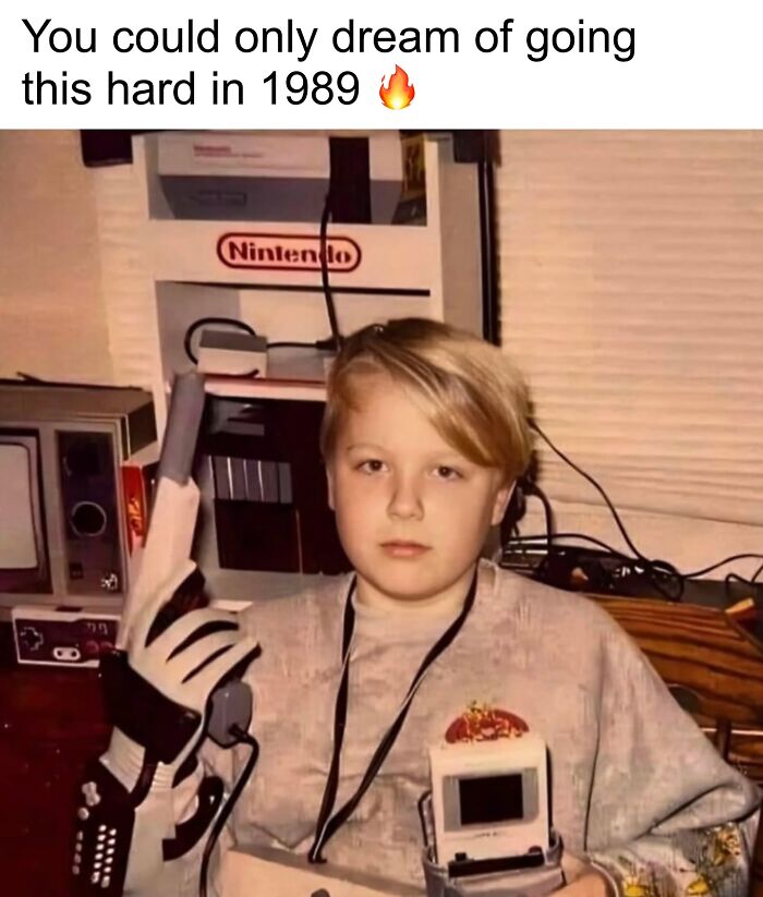 Young boy in 1989 wearing retro gaming gloves and holding classic Nintendo devices, evoking Xenials nostalgia.