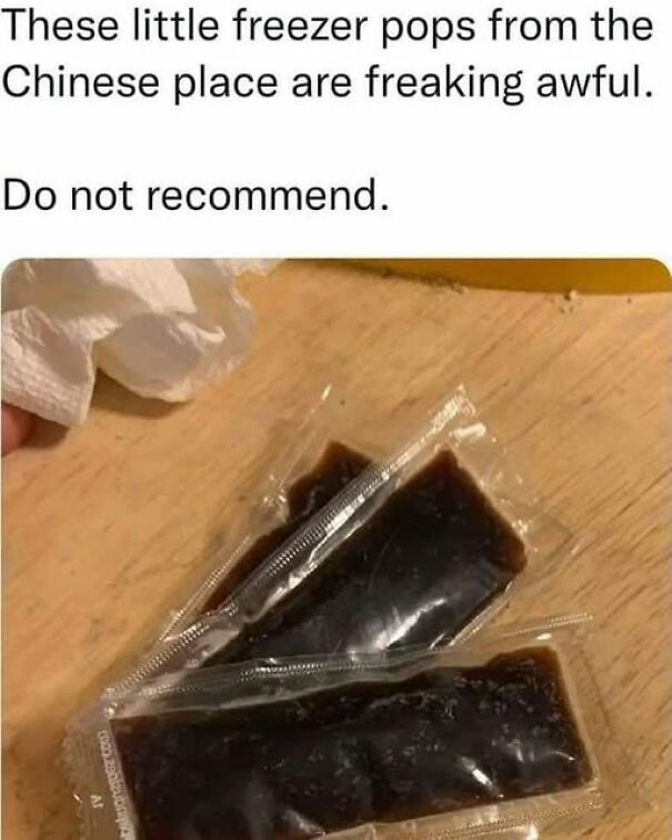 Freezer pop meme shows unappetizing Chinese store pops criticized as awful and not recommended in relatable humor post.