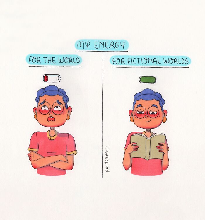 Illustration showing different energy levels for the world versus fictional worlds from Planet Prudence comics about being a woman.