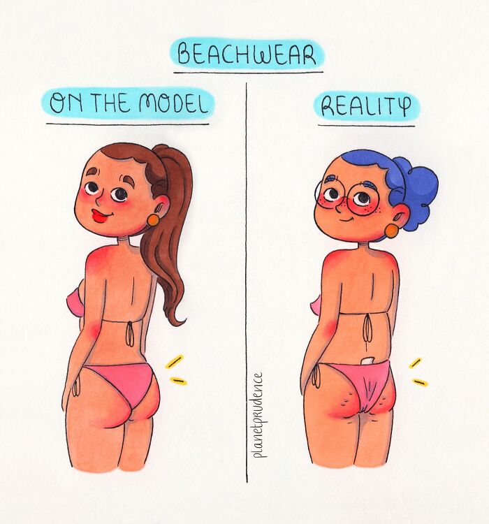 Comic by Planet Prudence showing contrast between beachwear on the model and the real experience of being a woman.