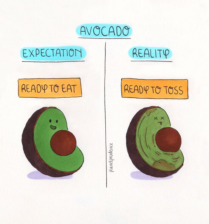 Cartoon avocado comic showing expectation versus reality, illustrating humor in Planet Prudence comics about being a woman.