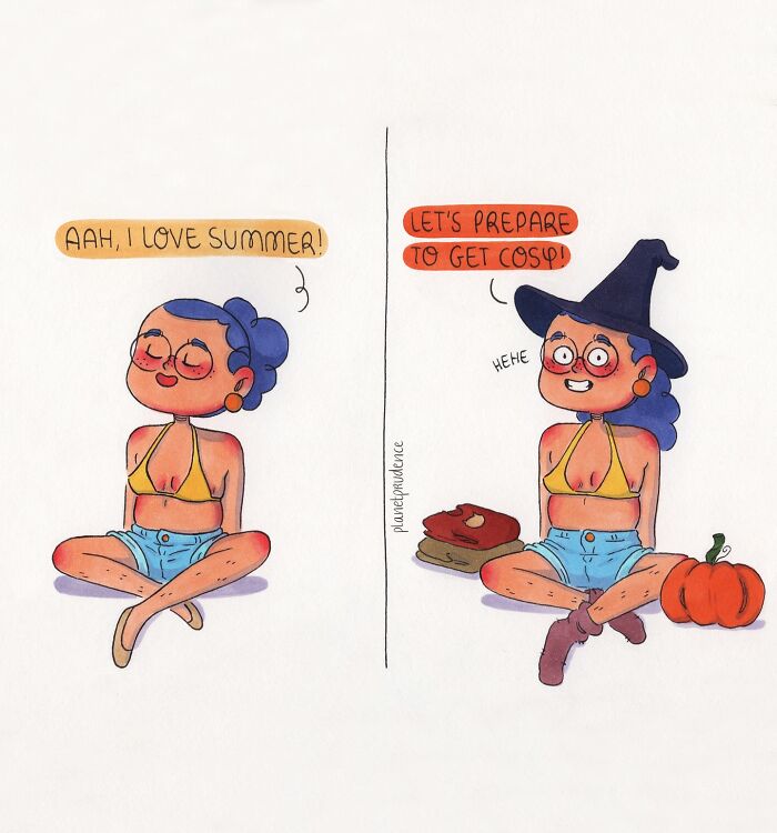Comic by Planet Prudence showing a woman enjoying summer and preparing for cozy fall with seasonal items and a witch hat.