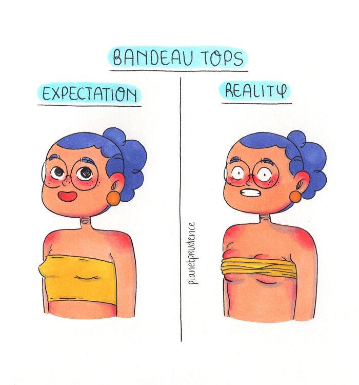 Comic by Planet Prudence showing the expectation versus reality of wearing bandeau tops for women.