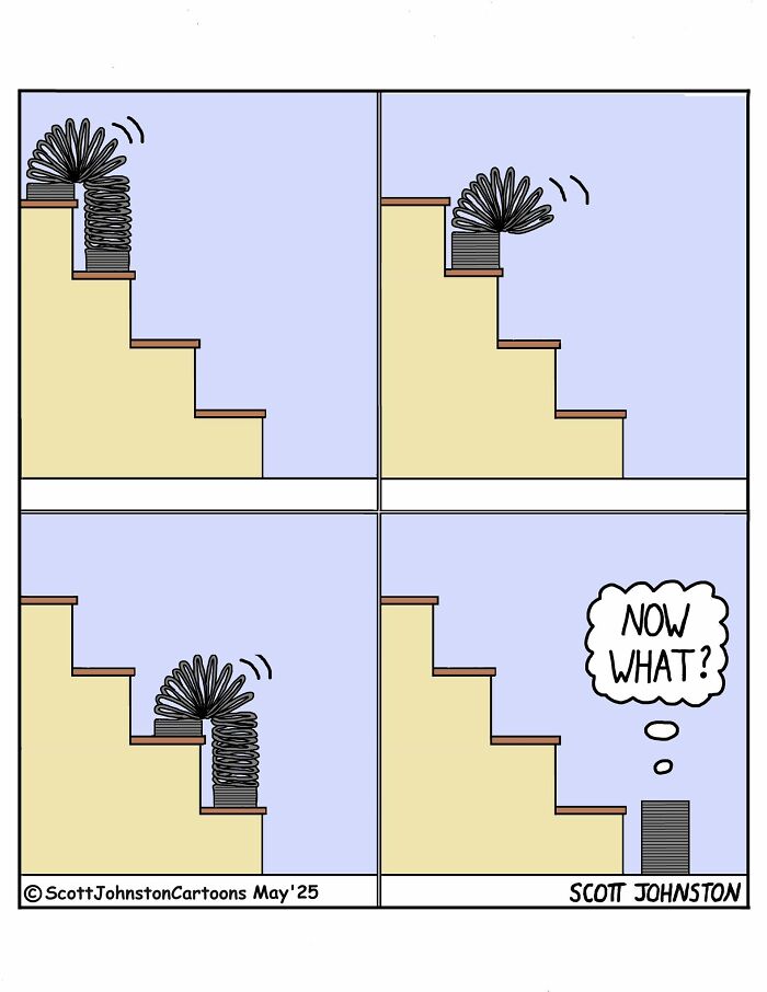 Slinky toy descending stairs in a humorous comic strip by Scott Johnston with a thought bubble saying Now What.