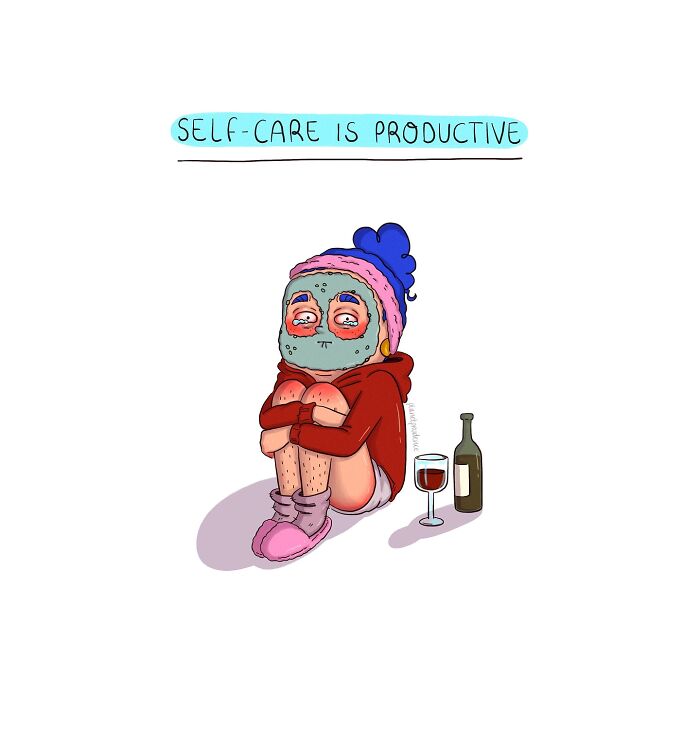 Woman with face mask and cozy outfit sitting next to a wine glass, illustrating self-care in comics by Planet Prudence.
