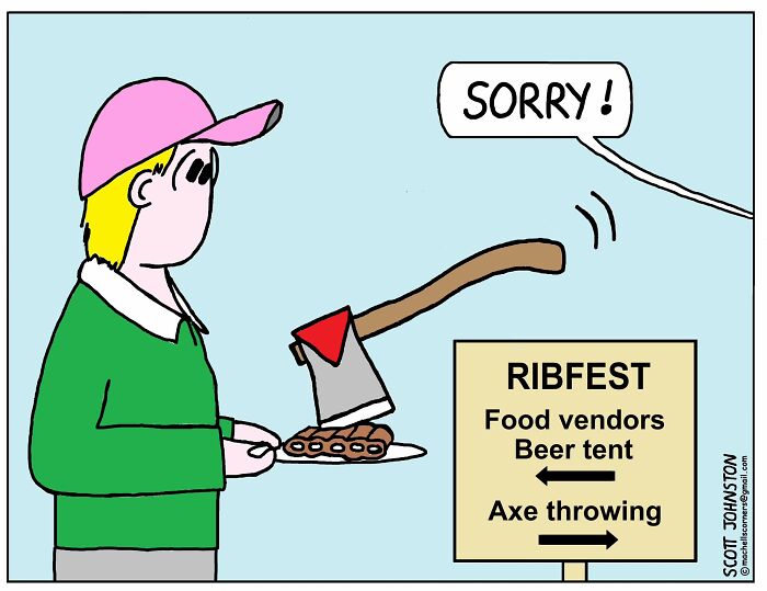 Person holding plate of ribs with an axe stuck in them near a sign for axe throwing in Scott Johnston humorous comics.