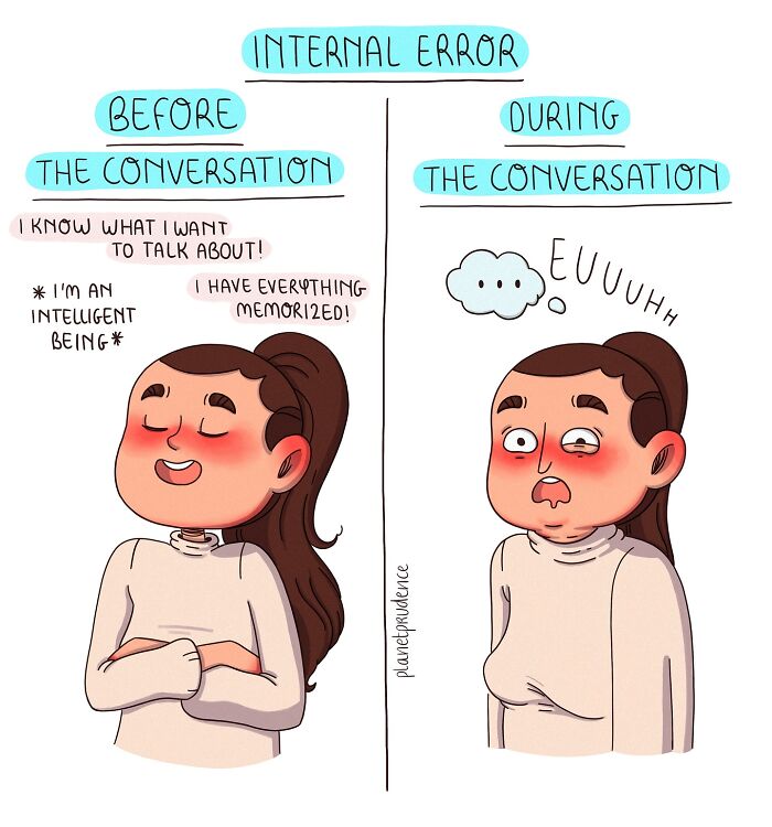 Comic illustration by Planet Prudence showing a woman’s internal error before and during a conversation.