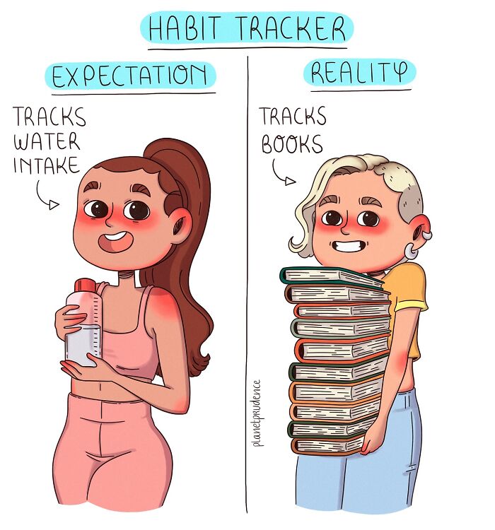 Illustration from Planet Prudence showing expectation vs reality of a habit tracker, focusing on water intake and book tracking.