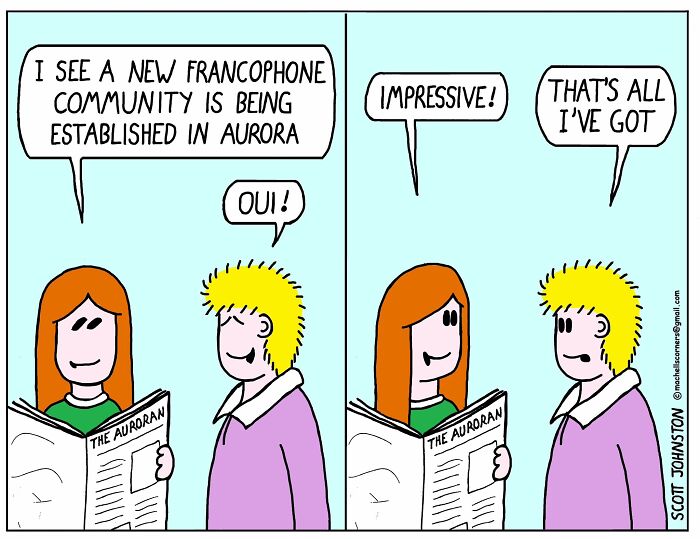 Two characters discuss a new Francophone community in Aurora in a humorous comic by Scott Johnston.