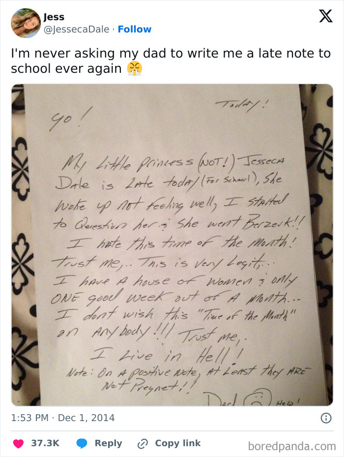 Handwritten creative and amusing notes left by a parent explaining a late school excuse with humor and honesty.