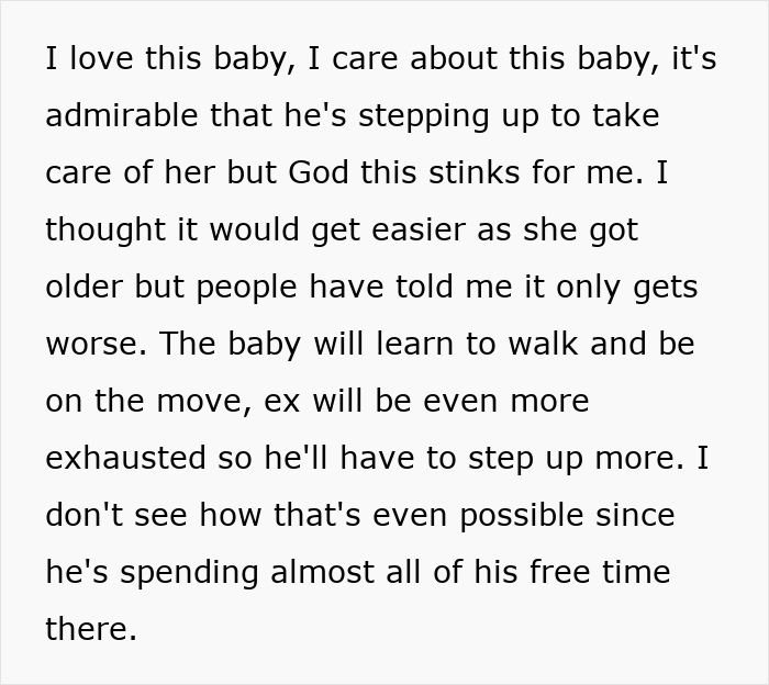 Text excerpt discussing a man stepping up to care for his pregnant ex and raise their baby while his girlfriend walks away from the mess.
