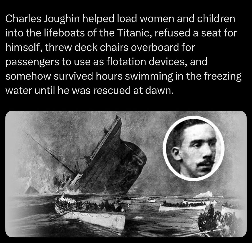 Titanic sinking with lifeboats and a portrait of Charles Joughin, highlighting survival and wet bones in freezing water.