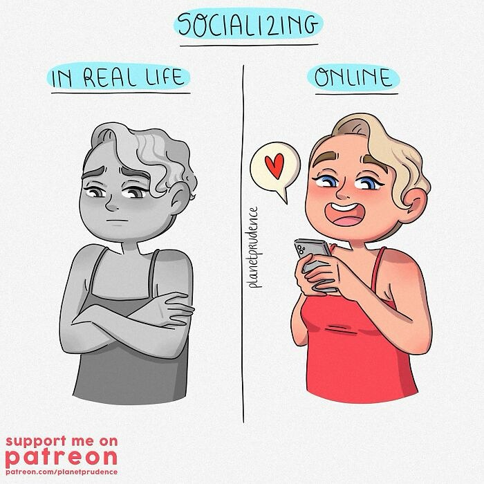 Comic by Planet Prudence showing contrast between socializing as a woman in real life and online.