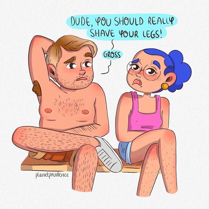 Comic by Planet Prudence showing a woman telling a man to shave his legs, highlighting gender expectations.