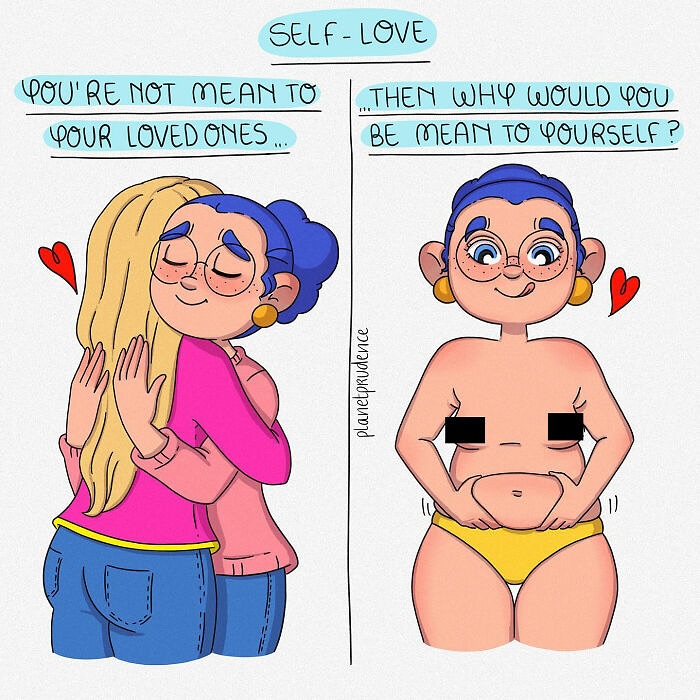 Comic by Planet Prudence showing self-love, a woman hugging and embracing her body with confidence and kindness.