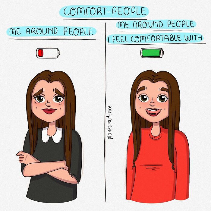 Cartoon showing comfort levels around people with low and full battery icons, from new comics by Planet Prudence about being a woman.