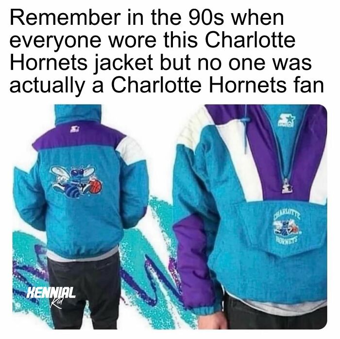 90s Charlotte Hornets jacket worn by many, evoking nostalgic trip down memory lane for Xenials.