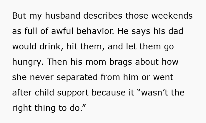 Text about husband describing awful behavior from his dad and boasting mother, highlighting family conflict and relatives issues.