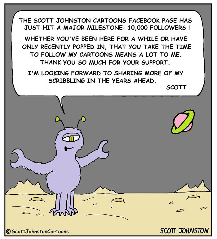 Cartoon alien on a barren planet sharing a message about Scott Johnston’s latest 58 humorous comics and follower milestone.