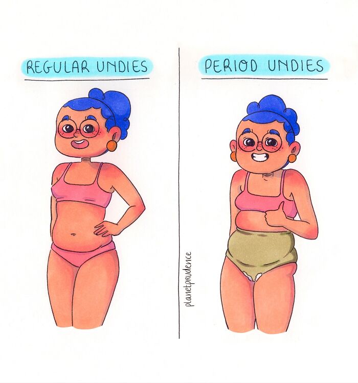 Comic by Planet Prudence showing a woman wearing regular undies versus period undies with a thumbs-up gesture.