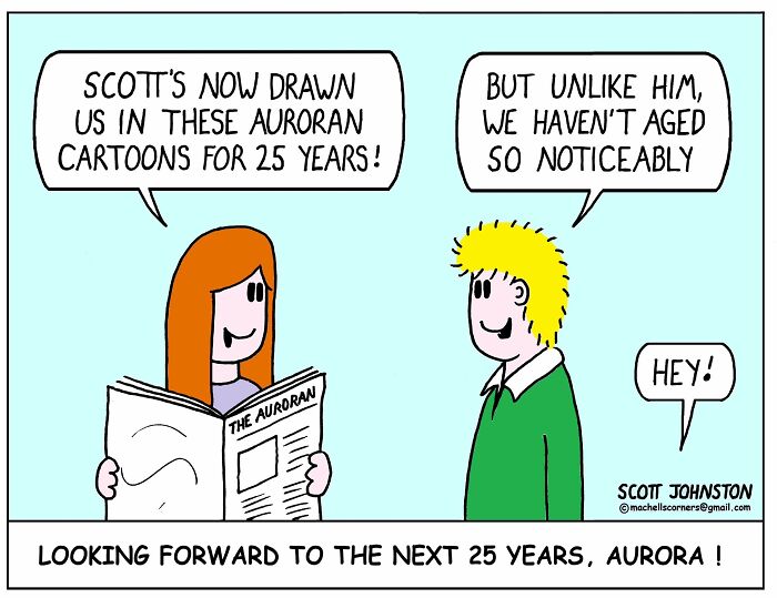 Cartoon characters discussing Scott Johnston’s humorous comics and his 25-year career in Auroran cartoons.