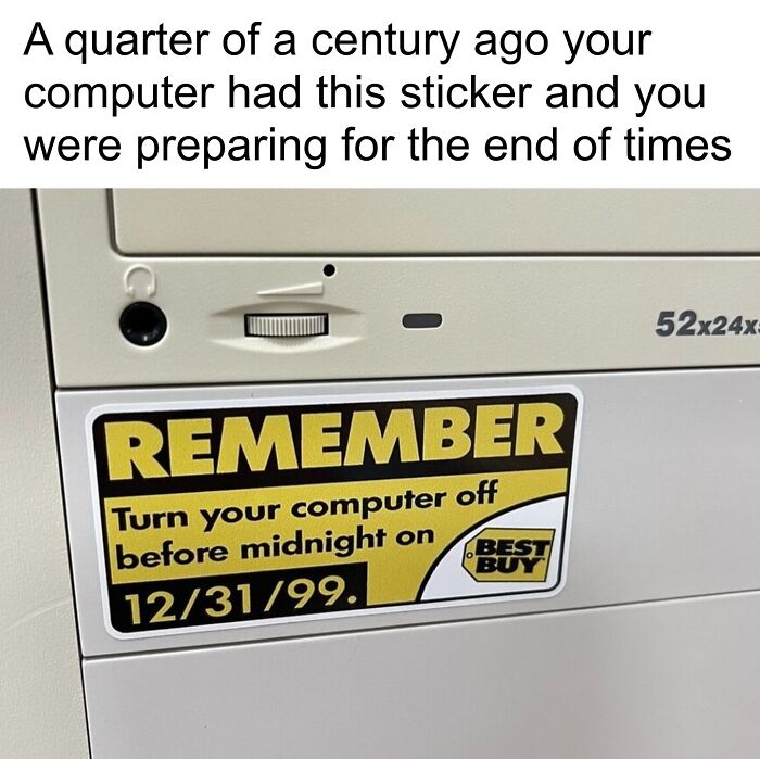 Close-up of a vintage computer with a Best Buy sticker reminding to turn off the computer before midnight on 12/31/99, nostalgic Xenials memory.