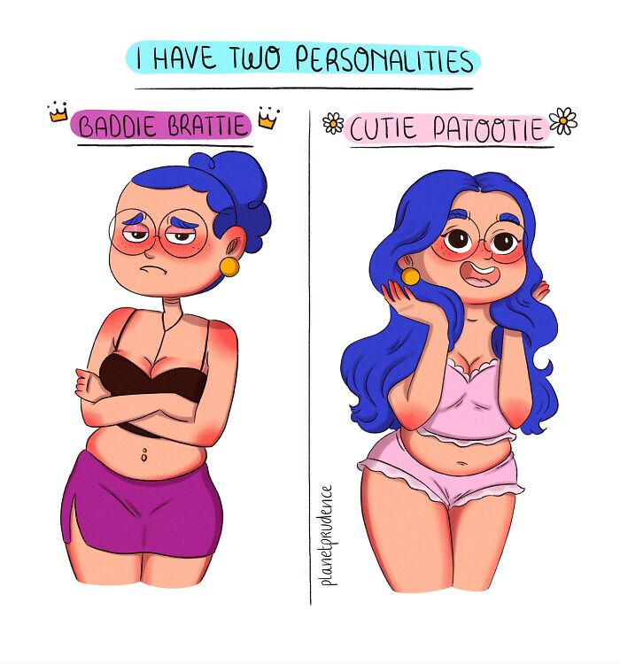 Cartoon showing two personalities of a woman, illustrating themes from comics about what being a woman is like.