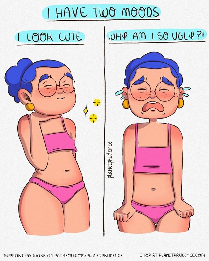 Comic by Planet Prudence showing the dual moods of a woman feeling cute and ugly in a pink outfit.
