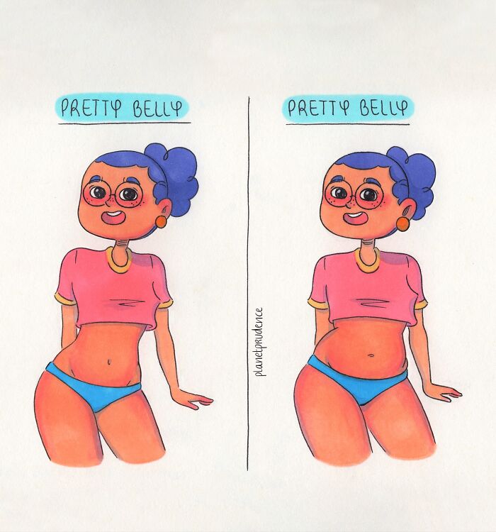 Comic by Planet Prudence depicting two women with different belly shapes illustrating body positivity and womanhood.