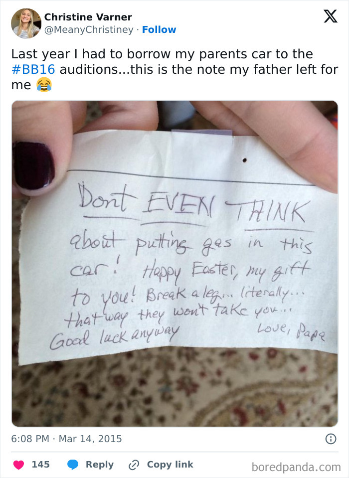 Handwritten amusing note from a parent warning about gas and wishing good luck, part of creative notes left by parents.