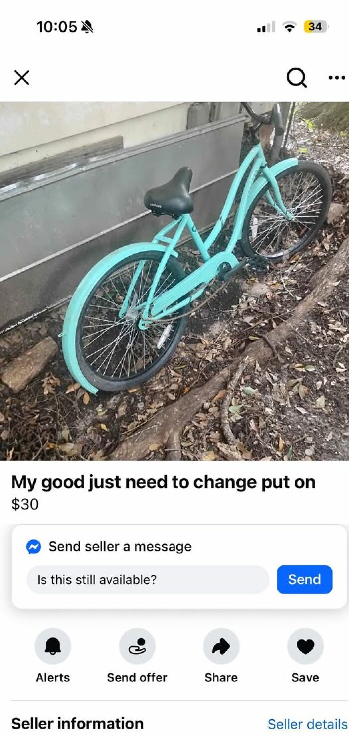 Blue bicycle leaning against a wall with a flat tire listed for sale, showing a confusing description by the seller.