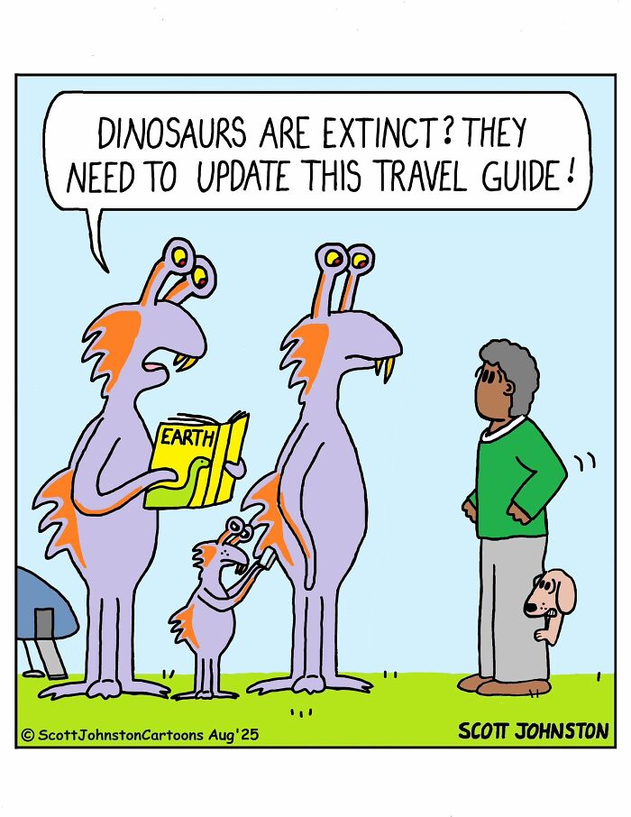 Aliens joking about dinosaurs being extinct while reading a travel guide in a humorous Scott Johnston comic.