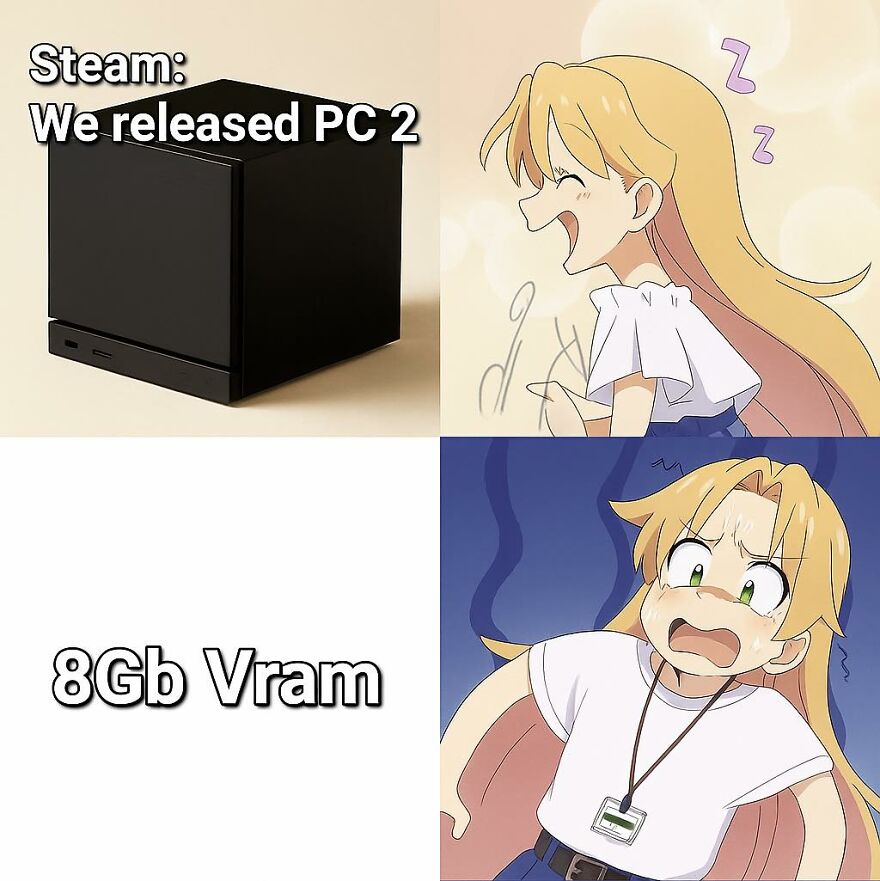 Anime character reacting with excitement then shock, paired with text about Steam PC release and 8Gb VRAM gaming memes.