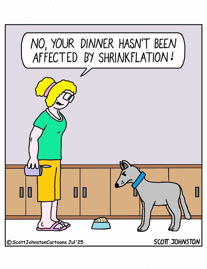 Woman humorously assures dog that dinner size is not affected by shrinkflation in Scott Johnston’s latest comic.