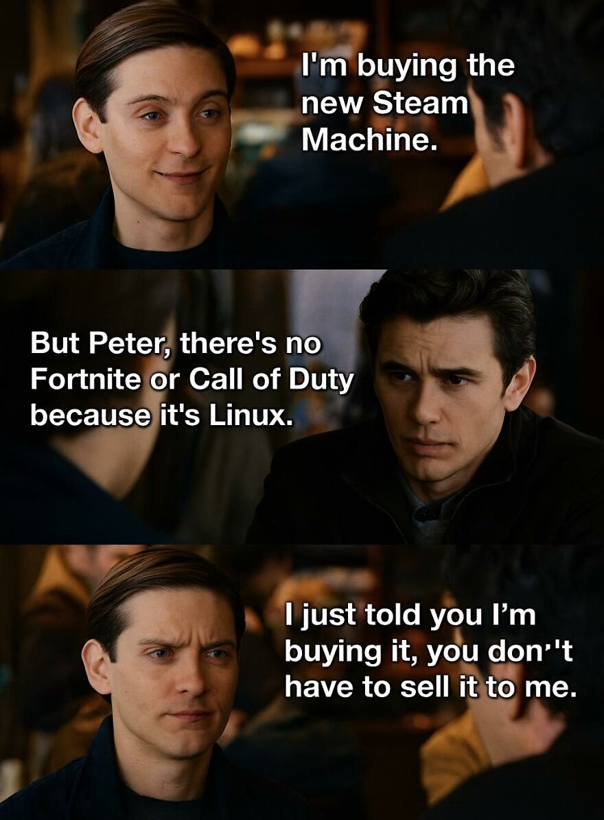 Two men discuss buying a Steam Machine with concern over gaming options in a meme about exhausted adults and video games.