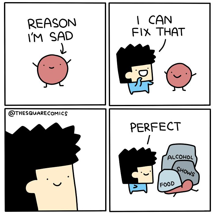 Darkly funny comic showing a character fixing sadness with alcohol, food, and shows, capturing the struggle of adulthood.