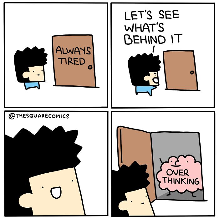 Comic strip showing a character facing a door labeled always tired and discovering overthinking behind it, depicting adulthood struggle.