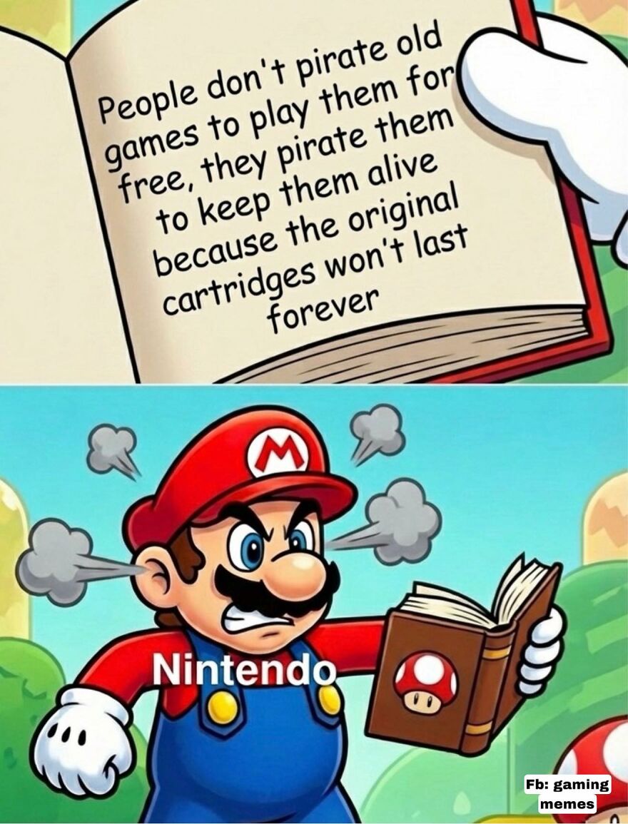 Angry Mario labeled Nintendo holding a book about pirating old games to preserve cartridges, meme about video games.