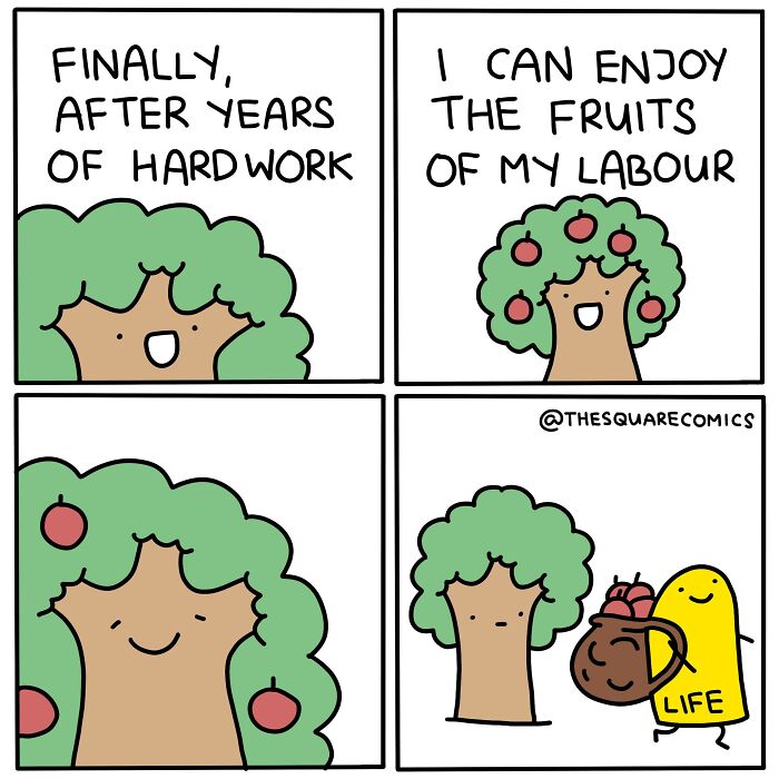 Darkly funny comic showing the struggle of adulthood through a tree losing its fruit to a character labeled life.