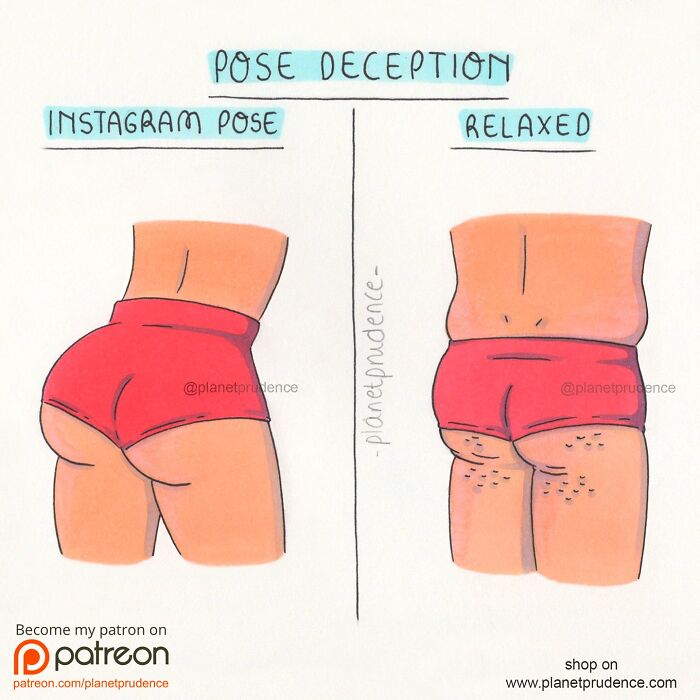 Illustration by Planet Prudence showing pose deception comparing Instagram pose and relaxed view of a woman’s body.