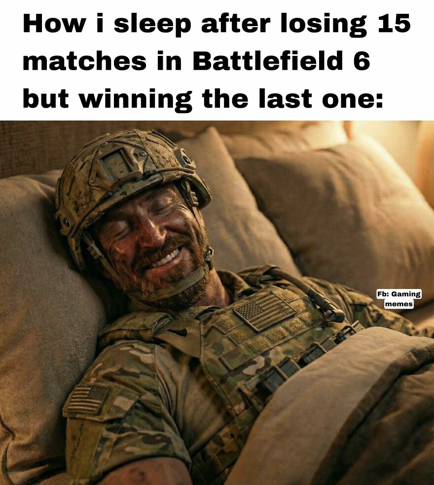 Adult soldier in military gear smiling peacefully in bed, relatable meme for exhausted adults wanting to play video games.