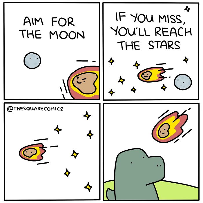 Darkly funny comic showing a meteor aiming for the moon but missing and flying past a dinosaur capturing adulthood struggles.